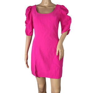 Amanda Uprichard Barton Hot Pink Puff Sleeves Scoop Neck Sheath Mini